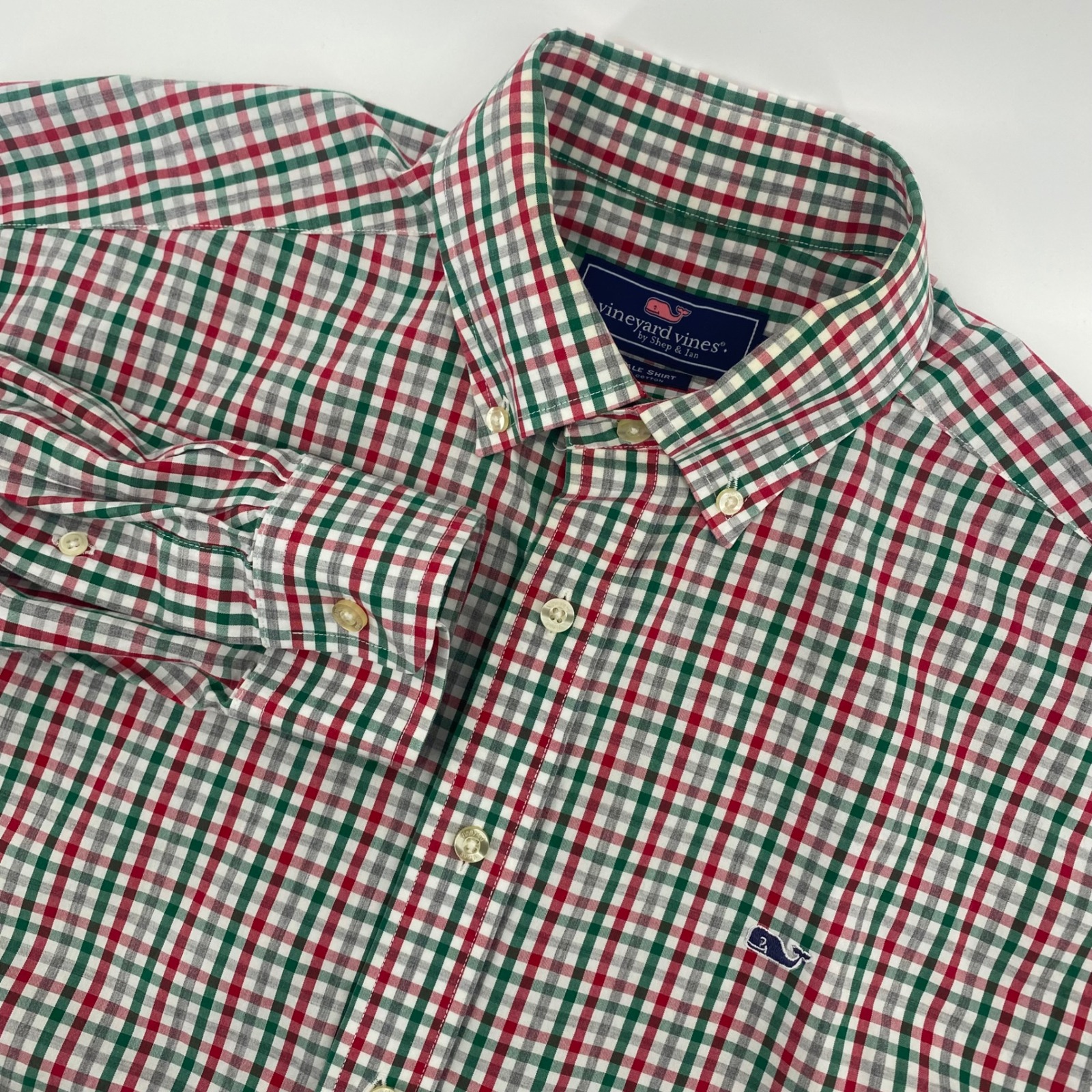 Vineyard Vines Whale Shirt Mens L Red Green Plaid Tattersall Button Down